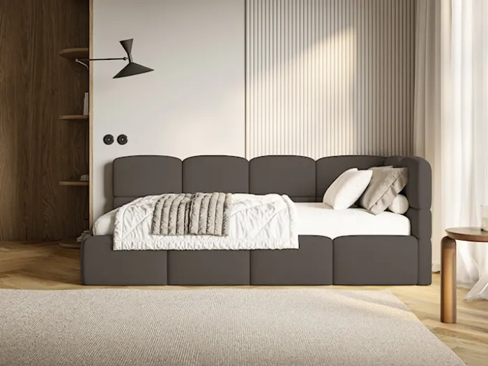 Łóżko młodzieżowe 90x200 cm Cloudy prawostronne z pojemnikiem i barierkami brązowe szenil
