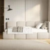 Łóżko młodzieżowe 90x200 cm Cloudy prawostronne z pojemnikiem i barierkami kremowe szenil