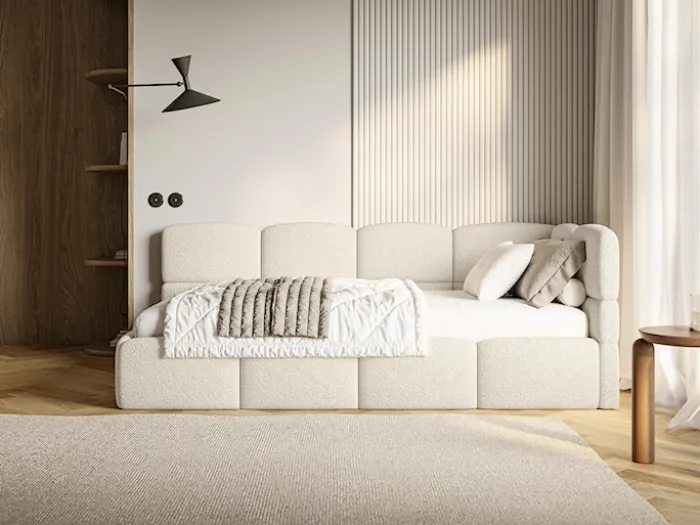 Łóżko młodzieżowe 90x200 cm Cloudy prawostronne z materacem i pojemnikiem jasnobeżowe boucle
