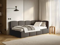 Łóżko młodzieżowe 90x200 cm Cloudy prawostronne z materacem pojemnikiem i barierkami brązowe boucle