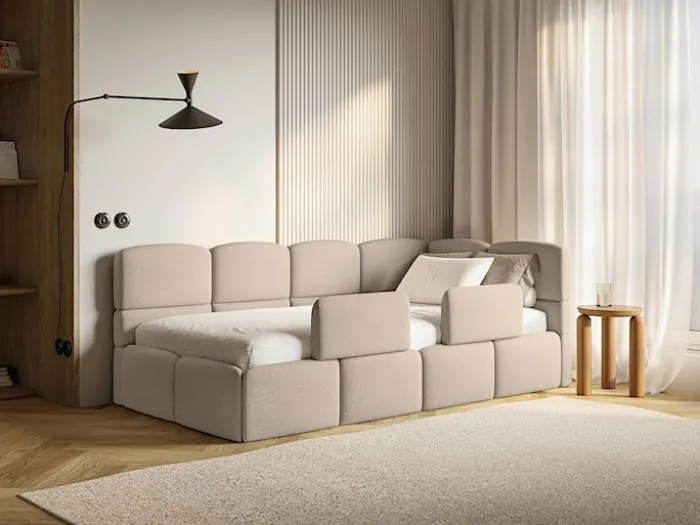 Łóżko młodzieżowe 90x200 cm Cloudy prawostronne z materacem pojemnikiem i barierkami beżowe szenil