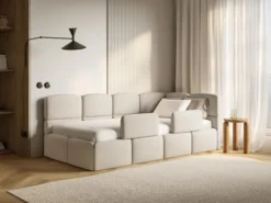 Łóżko młodzieżowe 90x200 cm Cloudy prawostronne z materacem pojemnikiem i barierkami kremowe szenil