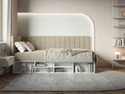 Łóżko młodzieżowe 90x200 cm Ventrio lewostronne z pojemnikiem i półkami szarobeżowe welur hydrofobowy łatwoczyszczący