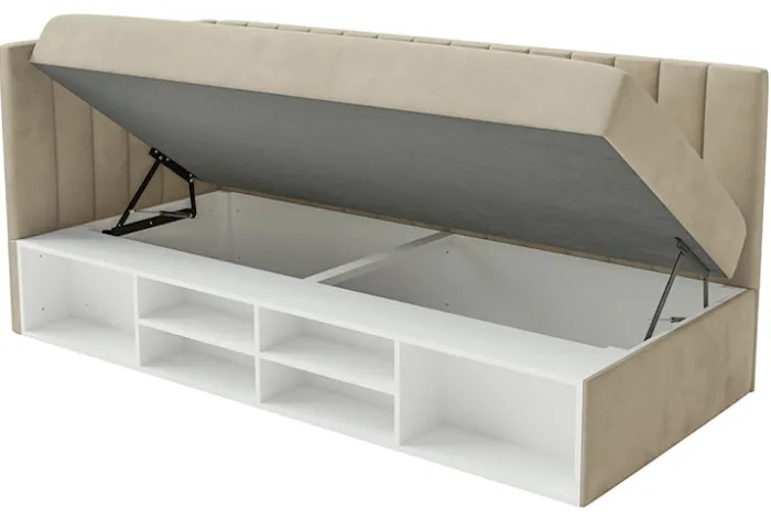 Łóżko młodzieżowe 90x200 cm Ventrio lewostronne z pojemnikiem i półkami szarobeżowe welur hydrofobowy łatwoczyszczący