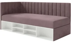 Łóżko młodzieżowe 90x200 cm Ventrio lewostronne z pojemnikiem i półkami fioletowe welur hydrofobowy łatwoczyszczący