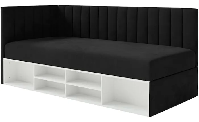 Łóżko młodzieżowe 90x200 cm Ventrio lewostronne z pojemnikiem i półkami czarne welur hydrofobowy łatwoczyszczący