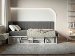 Łóżko młodzieżowe 90x200 cm Ventrio lewostronne z pojemnikiem i półkami ciemnoszare welur hydrofobowy łatwoczyszczący