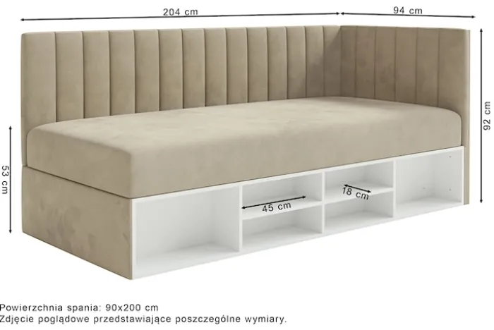 Łóżko młodzieżowe 90x200 cm Ventrio lewostronne z pojemnikiem i półkami jasnobeżowe welur hydrofobowy łatwoczyszczący
