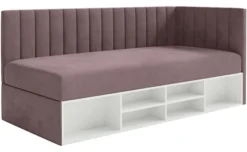 Łóżko młodzieżowe 90x200 cm Ventrio prawostronne z pojemnikiem i półkami fioletowe welur hydrofobowy łatwoczyszczący