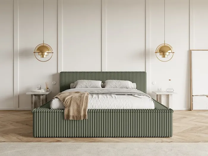 Łóżko tapicerowane Affolio 140x200 cm z pojemnikiem khaki gruby sztruks