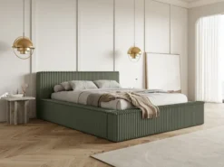 Łóżko tapicerowane Affolio 140x200 cm z pojemnikiem khaki gruby sztruks