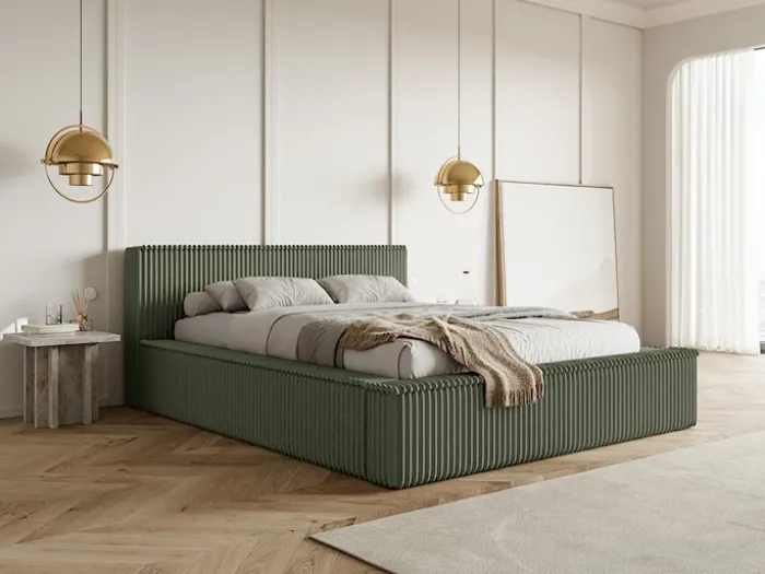 Łóżko tapicerowane Affolio 140x200 cm z pojemnikiem khaki gruby sztruks