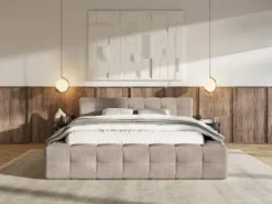 Łóżko tapicerowane Puffly 140x200 cm z pojemnikiem stelaż metalowy jasnobrązowy szenil