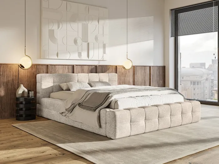 Łóżko tapicerowane Puffly 140x200 cm z pojemnikiem stelaż metalowy beżowy szenil