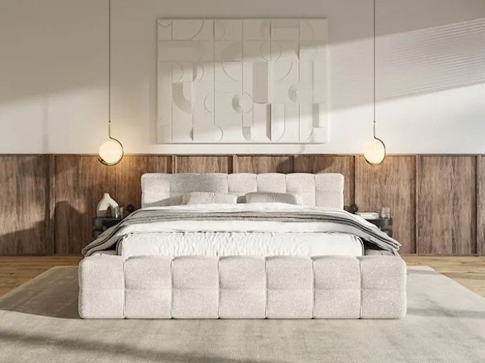 Łóżko tapicerowane Puffly 140x200 cm z pojemnikiem stelaż metalowy kremowy szenil