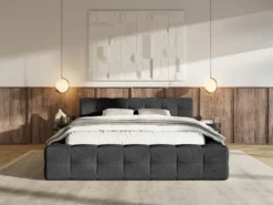 Łóżko tapicerowane Puffly 140x200 cm z pojemnikiem stelaż metalowy czarny szenil