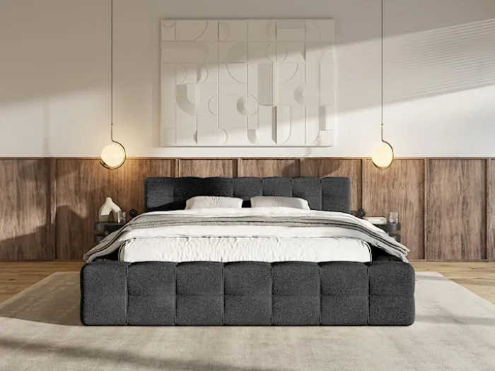 Łóżko tapicerowane Puffly 140x200 cm z pojemnikiem stelaż metalowy czarny szenil