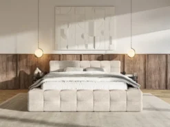 Łóżko tapicerowane Puffly 160x200 cm z pojemnikiem stelaż metalowy beżowy szenil