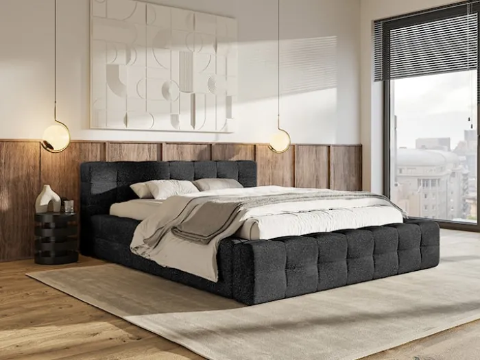 Łóżko tapicerowane Puffly 160x200 cm z pojemnikiem stelaż metalowy czarny szenil