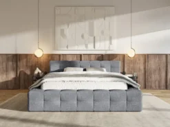 Łóżko tapicerowane Puffly 180x200 cm z pojemnikiem stelaż metalowy ciemnoszary szenil