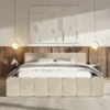 Łóżko tapicerowane Puffly 140x200 cm z pojemnikiem stelaż metalowy beżowy welur