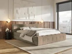 Łóżko tapicerowane Puffly 140x200 cm z pojemnikiem stelaż metalowy ciemnobeżowy welur