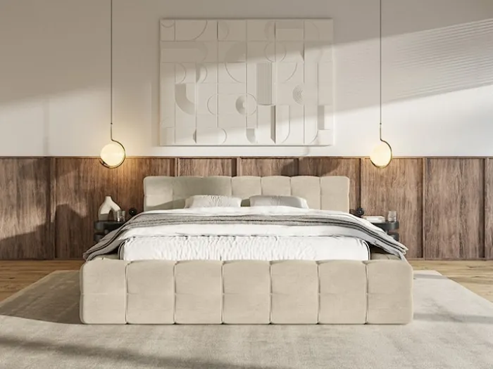 Łóżko tapicerowane Puffly 160x200 cm z pojemnikiem stelaż metalowy beżowy welur