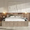 Łóżko tapicerowane Puffly 160x200 cm z pojemnikiem stelaż metalowy ciemnobeżowy welur