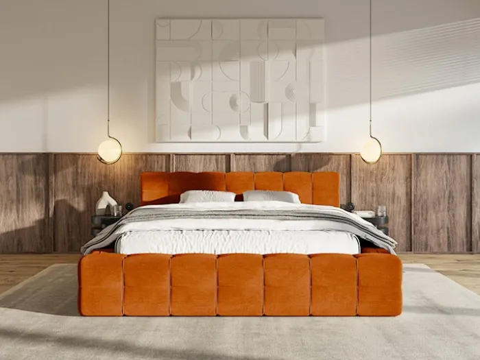 Łóżko tapicerowane Puffly 160x200 cm z pojemnikiem stelaż metalowy miedziany welur