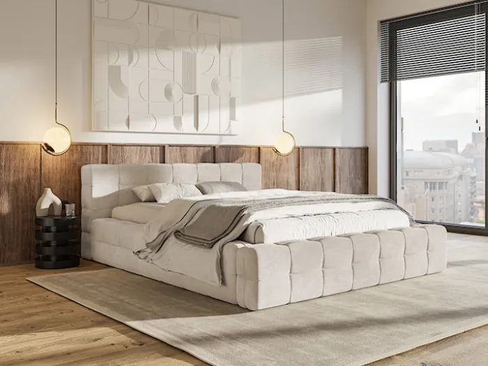 Łóżko tapicerowane Puffly 180x200 cm z pojemnikiem stelaż metalowy szarobeżowy welur