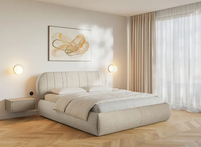 Łóżko tapicerowane 180x200 cm Asmelio beżowe plecionka