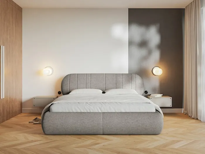 Łóżko tapicerowane 180x200 cm Asmelio szarobeżowe plecionka