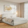 Łóżko tapicerowane 140x200 cm Asmelio z pojemnikiem stelaż metalowy kremowe plecionka