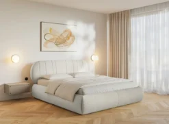 Łóżko tapicerowane 140x200 cm Asmelio z pojemnikiem stelaż metalowy kremowe plecionka