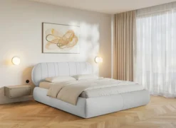Łóżko tapicerowane 140x200 cm Asmelio z pojemnikiem stelaż metalowy jasnoszare plecionka