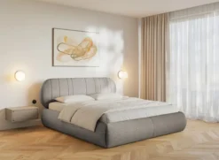 Łóżko tapicerowane 160x200 cm Asmelio z pojemnikiem stelaż metalowy szarobeżowe plecionka