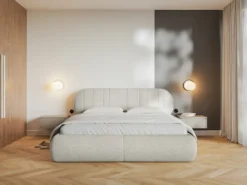 Łóżko tapicerowane 180x200 cm Asmelio z pojemnikiem stelaż metalowy kremowe plecionka