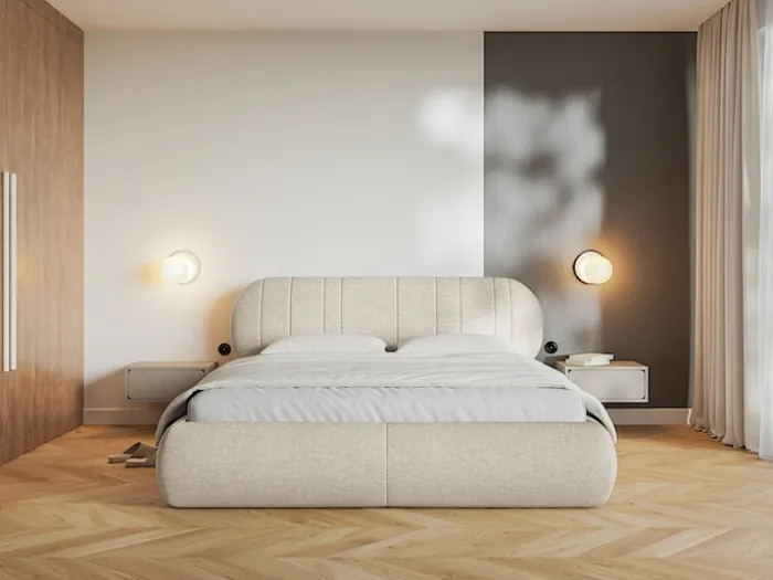 Łóżko tapicerowane 180x200 cm Asmelio z pojemnikiem stelaż metalowy beżowe plecionka