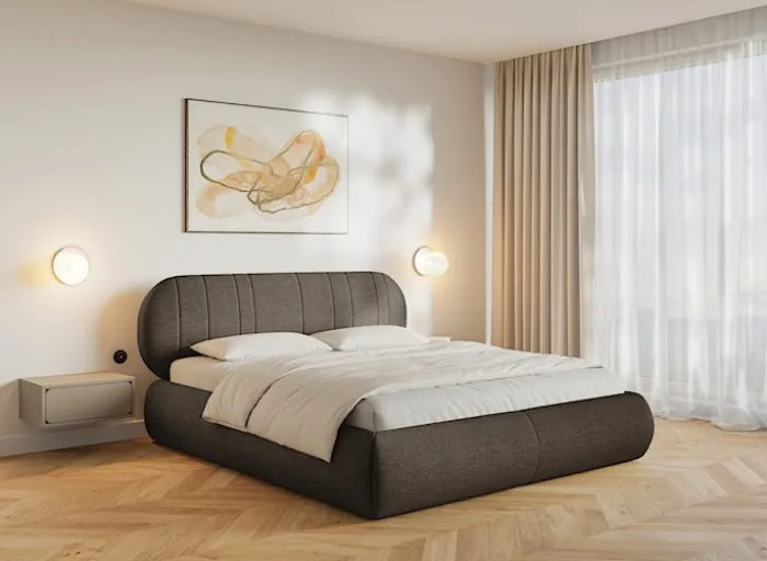 Łóżko tapicerowane 180x200 cm Asmelio z pojemnikiem stelaż metalowy brązowe plecionka