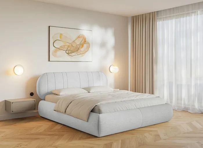 Łóżko tapicerowane 180x200 cm Asmelio z pojemnikiem stelaż metalowy jasnoszare plecionka