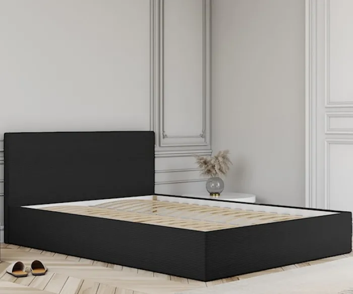 Łóżko tapicerowane 120x200 cm Campile z pojemnikiem czarne sztruks