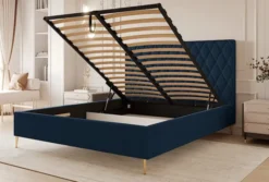 Łóżko tapicerowane 180x200 cm Caro z pojemnikiem granatowe welur hydrofobowy złote nóżki