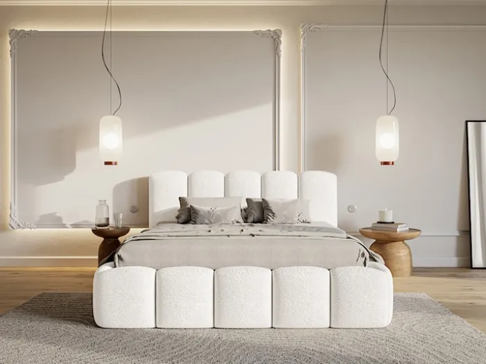 Łóżko tapicerowane 180x200 cm Cloudy II z pojemnikiem kremowe boucle stelaż metalowy