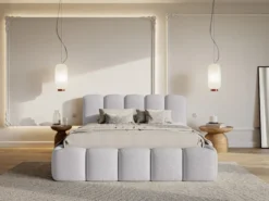 Łóżko tapicerowane 180x200 cm Cloudy II z pojemnikiem jasnoszare boucle stelaż metalowy
