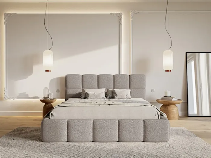 Łóżko tapicerowane 200x200 cm Cloudy jasnoszare boucle