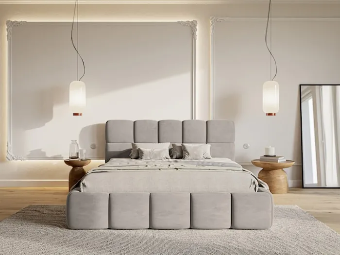 Łóżko tapicerowane 180x200 cm Cloudy z pojemnikiem jasnoszare welur hydrofobowy łatwoczyszczący stelaż metalowy