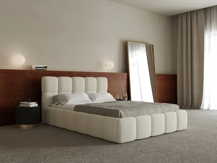 Łóżko tapicerowane 140x200 cm Cloudy z pojemnikiem jasnobeżowe plecionka stelaż metalowy