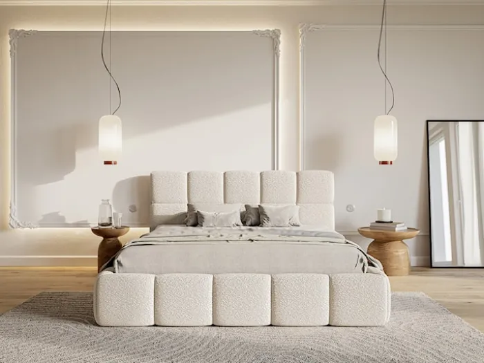 Łóżko tapicerowane 180x200 cm Cloudy z pojemnikiem jasnobeżowe boucle
