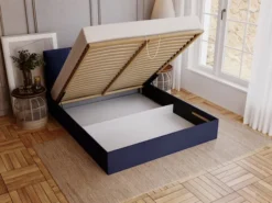 Łóżko tapicerowane 140x200 cm Drimmi z pojemnikiem chabrowe velvet hydrofobowy