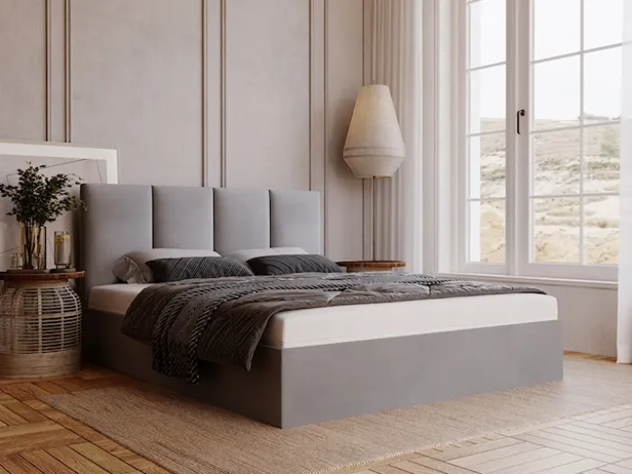 Łóżko tapicerowane 140x200 cm Drimmi z pojemnikiem jasnoszare velvet hydrofobowy